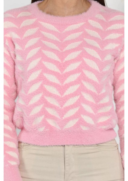 Bisiklet Yaka Desenli Yumoş Iplik Croptop Kadın Triko Kazak fırsatları