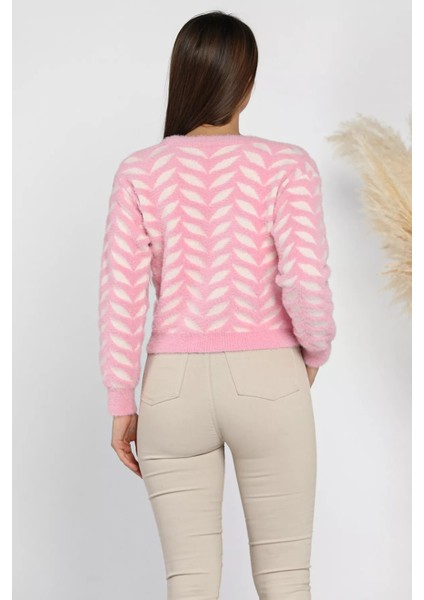 Bisiklet Yaka Desenli Yumoş Iplik Croptop Kadın Triko Kazak modelleri