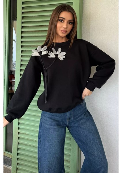 Gül Detaylı Şardonlu Sweatshirt