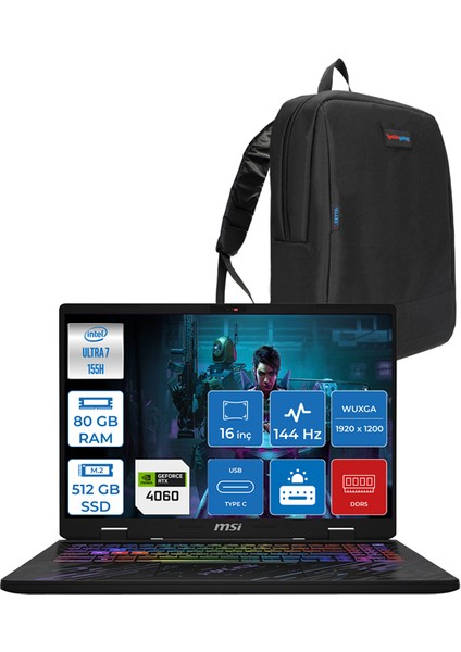 Pulse 16 Aı Intel Core Ultra 7 155H 80GB Ddr5 512GB SSD 8GB/RTX4060/140W 16" IPS Wuxga 144Hz FreeDos Taşınabilir Bilgisayar MS87XTRF23 + Zettaçanta