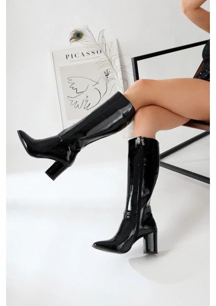 Siyah Rugan Topuklu Kadın Çizme 9711