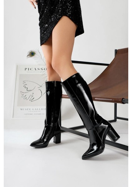 Siyah Rugan Topuklu Kadın Çizme 9711 modelleri