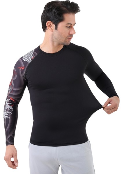 Erkek Uzun Kollu Tek Kol Dijital Baskılı Compression Fitness Gym Spor Body Tshirt DMN66777