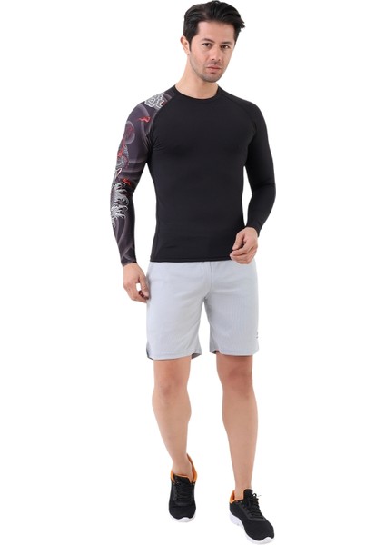 Erkek Uzun Kollu Tek Kol Dijital Baskılı Compression Fitness Gym Spor Body Tshirt DMN66777