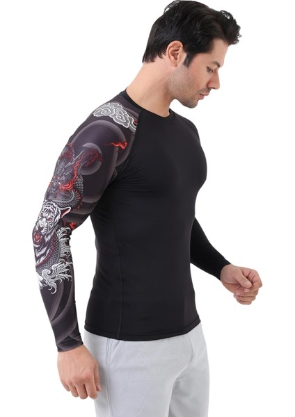 Erkek Uzun Kollu Tek Kol Dijital Baskılı Compression Fitness Gym Spor Body Tshirt DMN66777