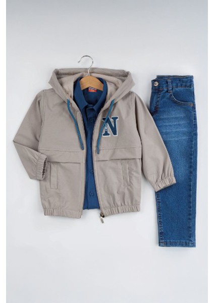 N Panç Işleme Detaylı Kol Lastikli 3 Lü Erkek çocuk takım - Bej