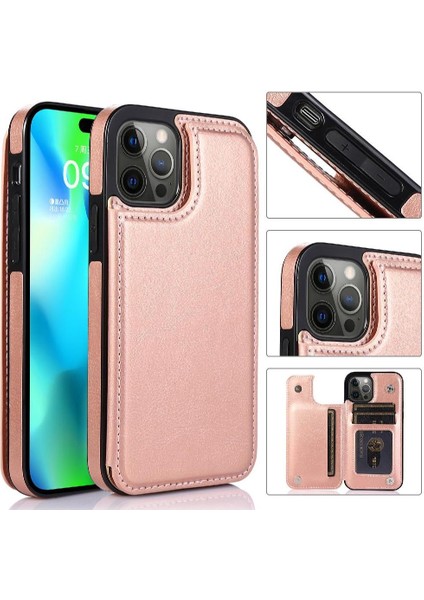 Kart Tutucu Toka ile IPhone 14 Pro Kart Yuvaları Pu Deri Için Cüzdan Kılıf (Yurt Dışından)