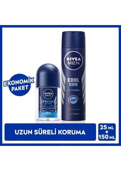 Men Erkek Sprey Deodorant Cool Kick Fresh 150 ml ve Mini Roll-On Fresh Active 25 ml