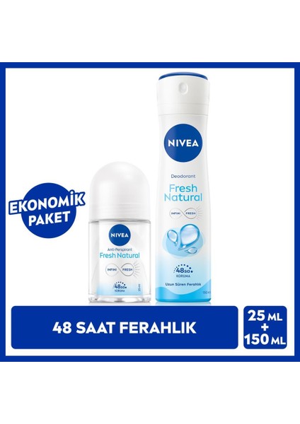 Kadın Sprey Deodorant Fresh Natural 150 ml ve Mini Roll-On 25ml, Anti-perspirant, Avantajlı Paket