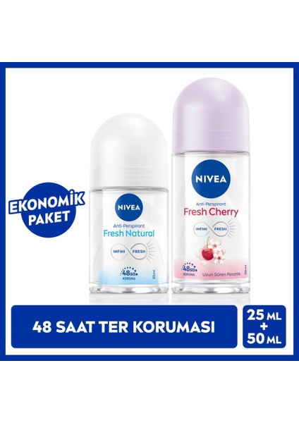 Kadın Roll-On Deodorant Fresh Cherry 50ML ve Mini Roll-On Fresh Natural 25ML Set, 48 Saat Koruma