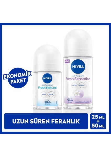 Kadın Roll-On Deodorant Fresh Sensation 50ML Mini Roll-On Fresh Natural 25ML, Gün Boyu Ferahlık