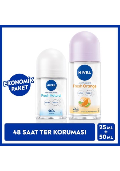 Kadın Roll-On Deodorant Fresh Orange 50ML ve Mini Roll-On Fresh Natural 25ML, 48 Saat Koruma