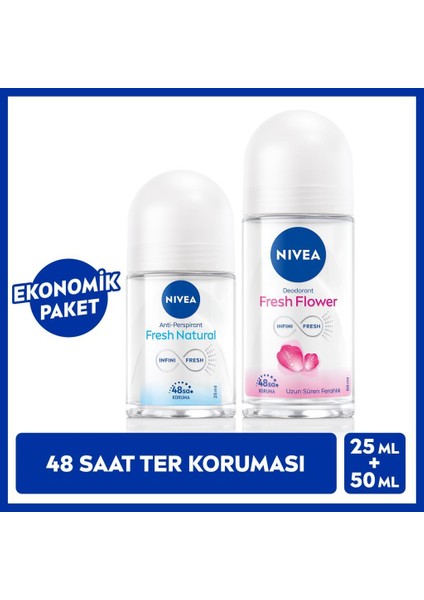 Kadın Roll-On Deodorant Fresh Flower 50ML ve Mini Roll-On Fresh Natural 25ML, 48 Saat Koruma