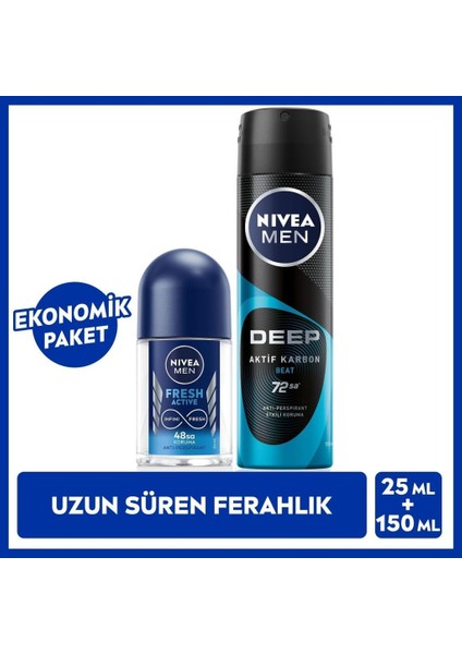 Men Erkek Sprey Deodorant Deep Aktif Karbon 150ML ve Fresh Active Mini Roll-On 25ML