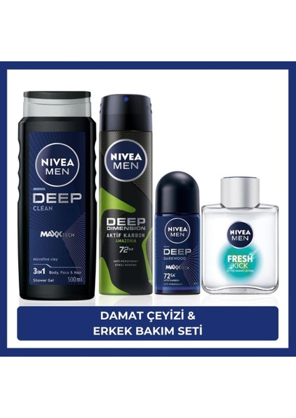 MEN Erkek Çeyiz Seti, Deep Dimension Duş Jeli 500ml, Tıraş Sonrası Losyon 100ml, Sprey 150ml, Roll-on Deodorant 50ml