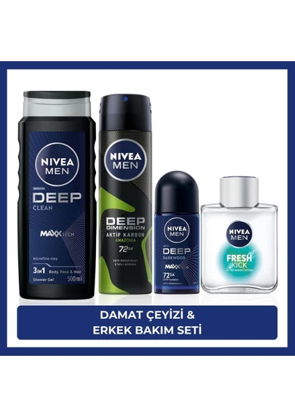 NIVEA MEN Erkek Çeyiz Seti, Deep Dimension Duş Jeli 500ml, Tıraş Sonrası Losyon 100ml, Sprey 150ml, Roll-on Deodorant 50ml