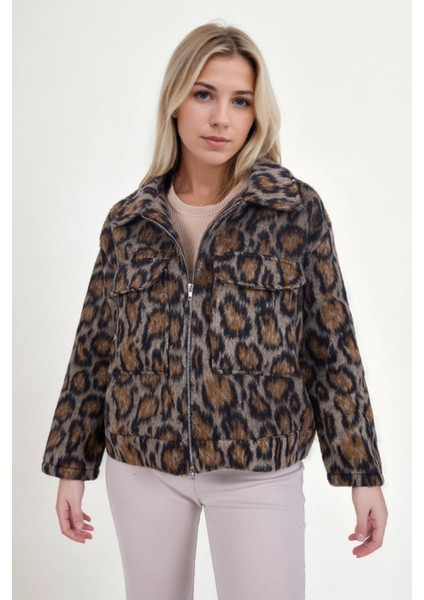 Kapak Cepli Fermuarlı Leopar Desen Ceket