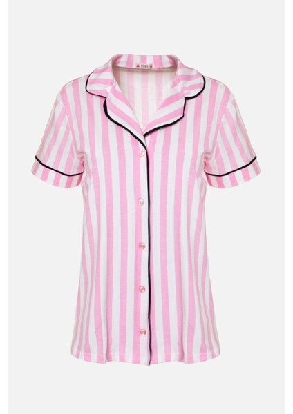 Kadın Pamuklu Pembe Çizgili Ara Biyeli Kısa Kollu Pijama Takımı