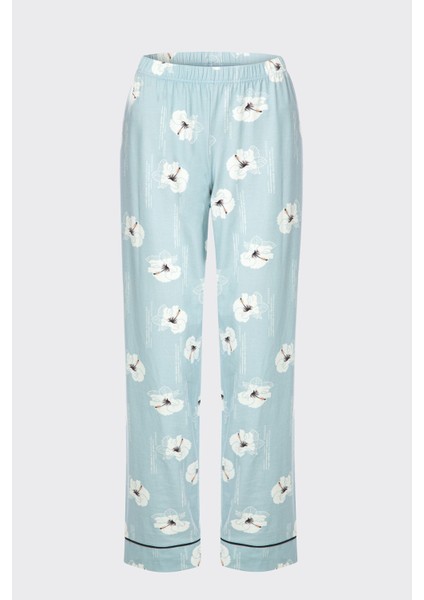 Kadın V Yaka Çiçek Desenli Ara Biyeli Uzun Kollu Pamuklu Pijama Takımı