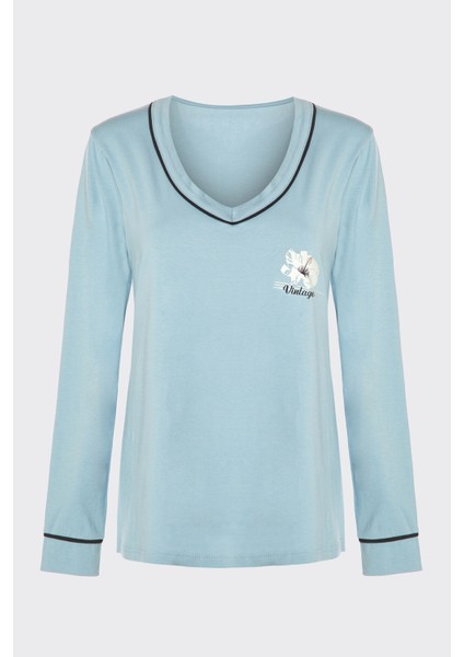 Kadın V Yaka Çiçek Desenli Ara Biyeli Uzun Kollu Pamuklu Pijama Takımı fiyatları