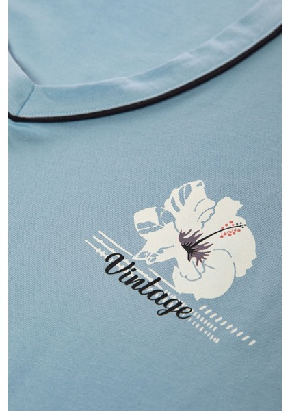 Kadın V Yaka Çiçek Desenli Ara Biyeli Uzun Kollu Pamuklu Pijama Takımı modelleri