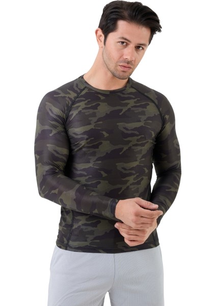 Erkek Uzun Kollu Haki Kamuflaj Compression Body Fitness Gym T-Shirt DMN66779