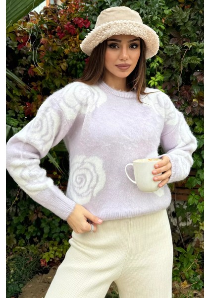 Kadın Bisiklet Yaka Gül Desenli Triko Kazak fiyatları