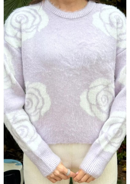 Kadın Bisiklet Yaka Gül Desenli Triko Kazak modelleri