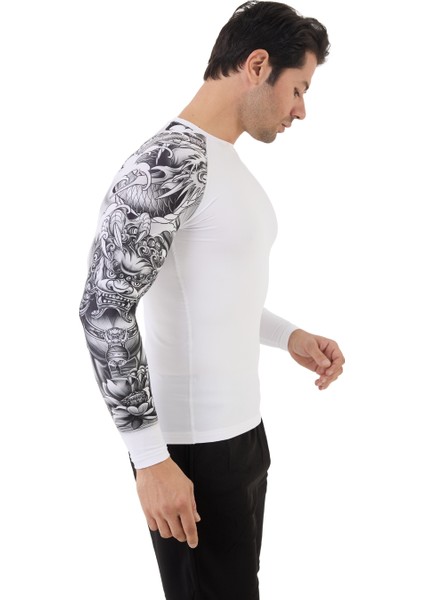 Erkek Uzun Kollu Beyaz Tek Kol Desenli Compression Fitness Gym Body Tshirt DMN66779