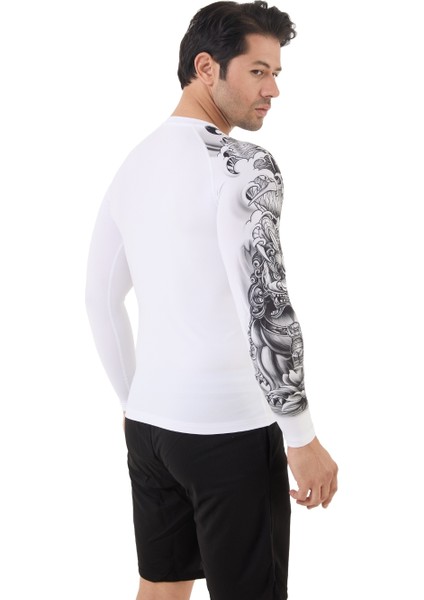 Erkek Uzun Kollu Beyaz Tek Kol Desenli Compression Fitness Gym Body Tshirt DMN66779