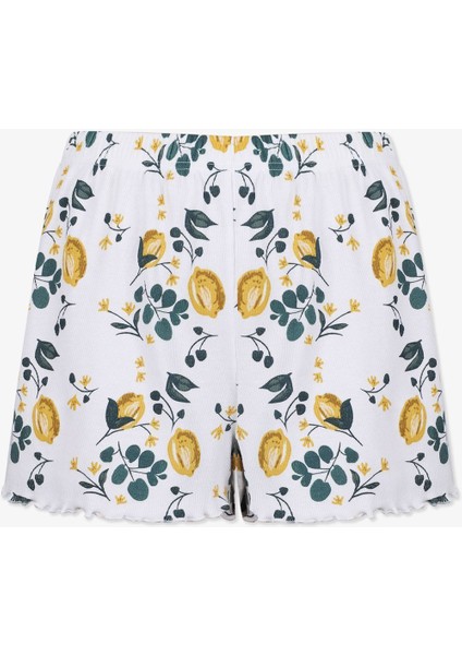 Kadın Pamuklu Baby Overloklu Limon Desenli Şortlu Pijama Takımı