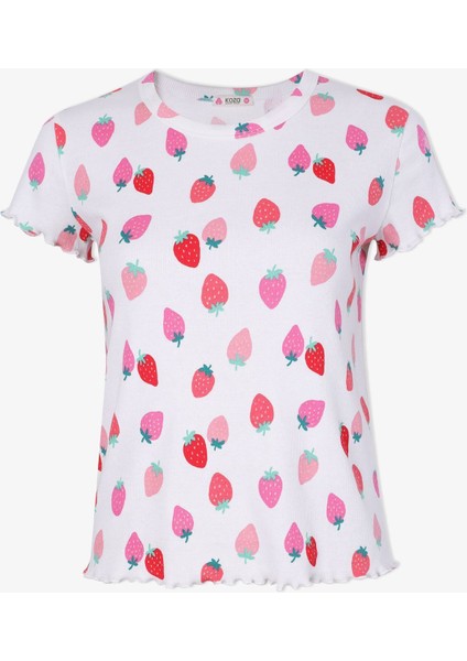 Kadın Pamuklu Kısa Kollu Baby Overloklu Çilek Desenli Şortlu Pijama Takımı