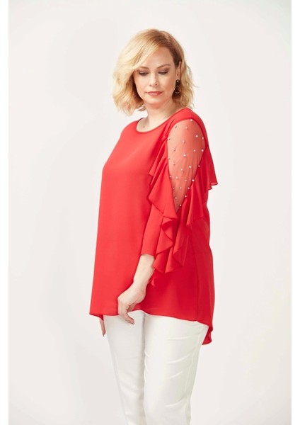 28004 Kolları Incili Büyük Beden Bluz Nar Çiçeği