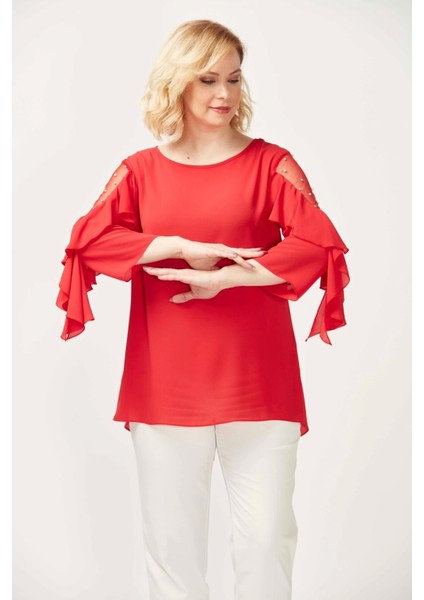 28004 Kolları Incili Büyük Beden Bluz Nar Çiçeği fiyatları