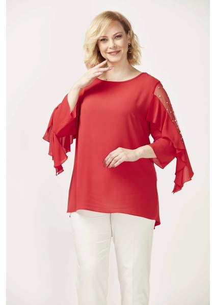 28004 Kolları Incili Büyük Beden Bluz Nar Çiçeği modelleri