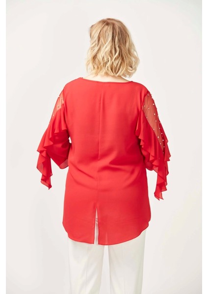 28004 Kolları Incili Büyük Beden Bluz Nar Çiçeği fırsatları