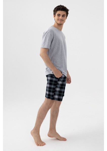 Erkek Gri Melanj Alt Desenli Şortlu Pijama Takımı