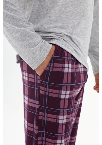 Erkek Pamuklu Uzun Kollu Önü Patlı Ekose Desenli Pijama Takımı
