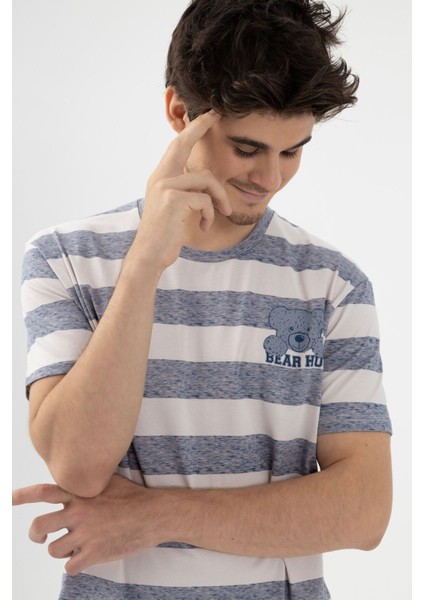 Erkek Pamuklu Çizgili Desenli Ayıcık Baskılı Kısa Kollu Pijama Takımı