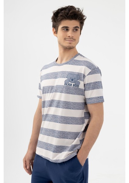Erkek Pamuklu Çizgili Desenli Ayıcık Baskılı Kısa Kollu Pijama Takımı fiyatları