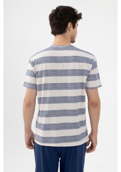 Erkek Pamuklu Çizgili Desenli Ayıcık Baskılı Kısa Kollu Pijama Takımı modelleri