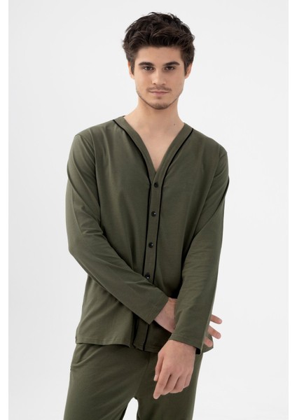 Erkek Pamuklu, Likralı, Düğmeli ve Cep Detaylı Pijama Takımı