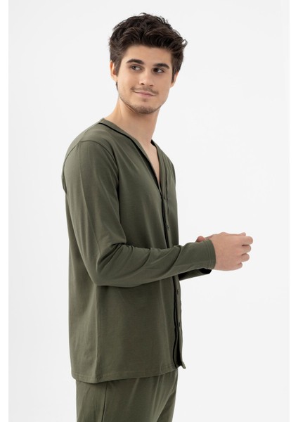 Erkek Pamuklu, Likralı, Düğmeli ve Cep Detaylı Pijama Takımı