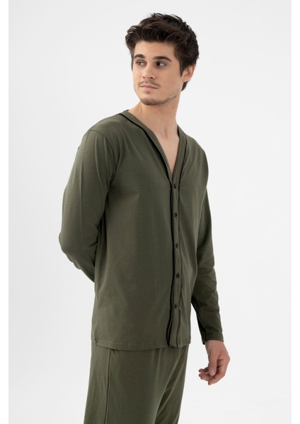 Erkek Pamuklu, Likralı, Düğmeli ve Cep Detaylı Pijama Takımı