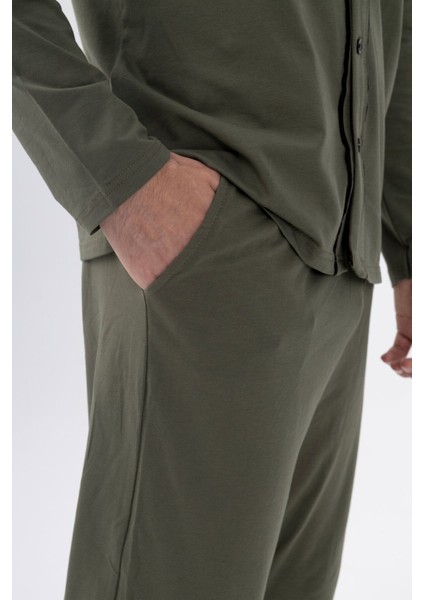 Erkek Pamuklu, Likralı, Düğmeli ve Cep Detaylı Pijama Takımı