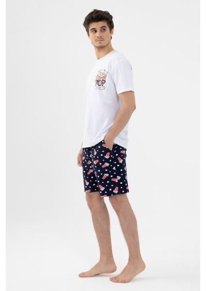 Erkek Kısa Kollu Pamuklu Popcorn Desenli Şortlu Pijama Takımı