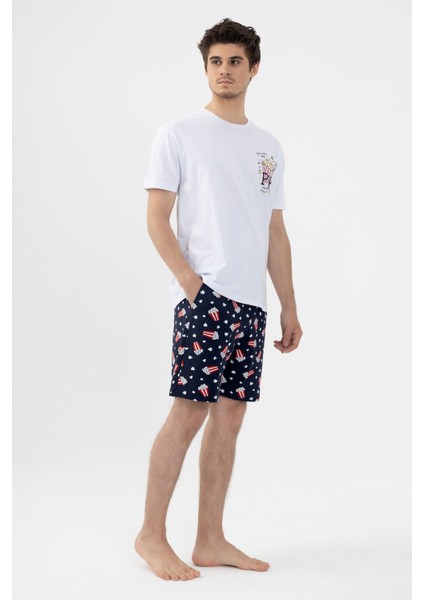 Erkek Kısa Kollu Pamuklu Popcorn Desenli Şortlu Pijama Takımı