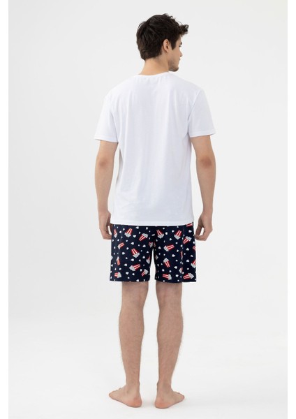 Erkek Kısa Kollu Pamuklu Popcorn Desenli Şortlu Pijama Takımı