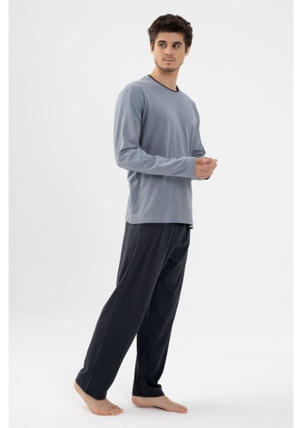 Erkek Pamuklu Double Yaka Uzun Kollu Cep Detaylı Pijama Takımı