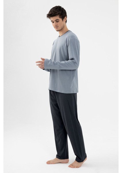 Erkek Pamuklu Double Yaka Uzun Kollu Cep Detaylı Pijama Takımı